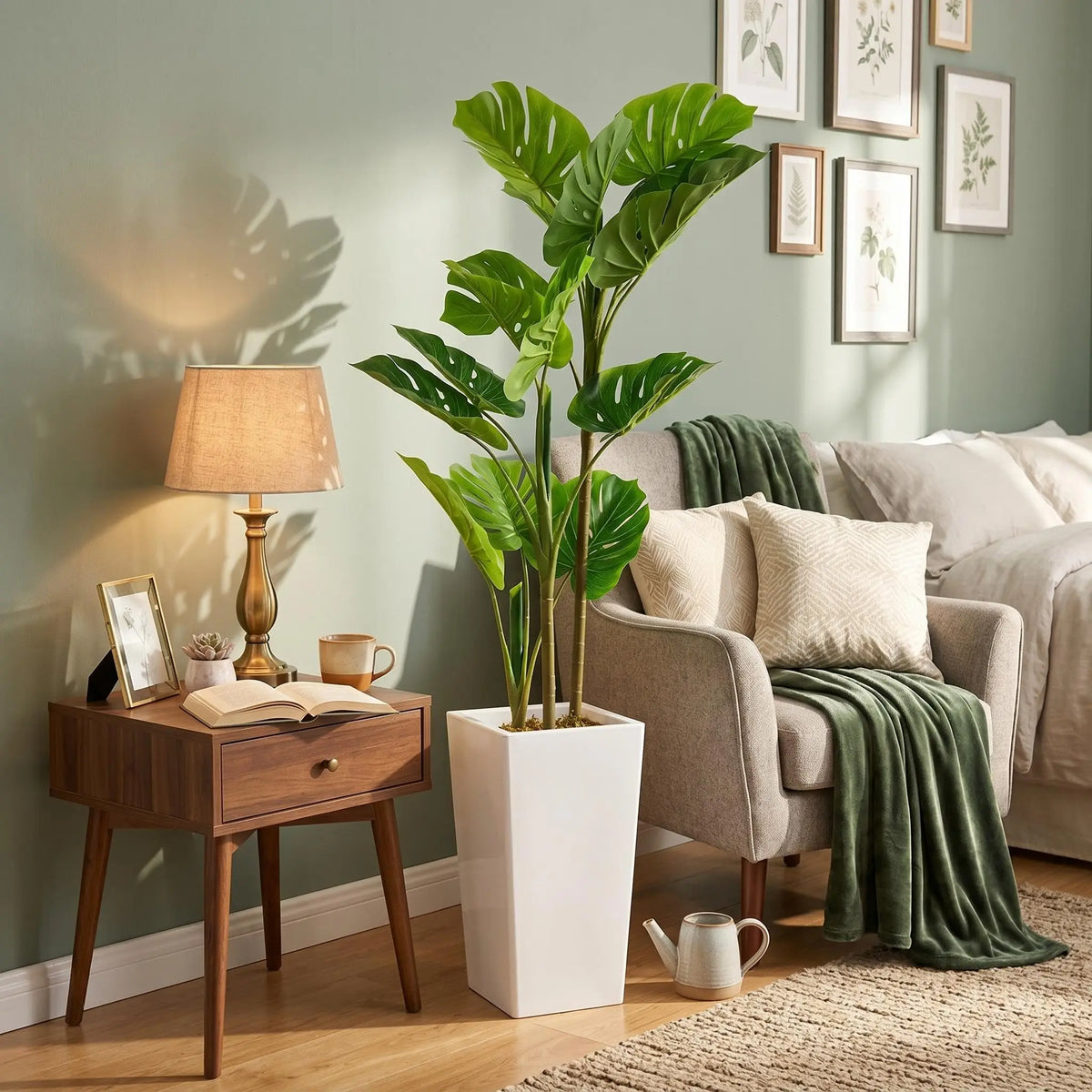 Artificial Monstera Plant — 4.5 ft, Cement-Filled White Planter