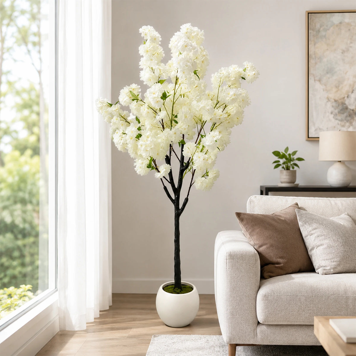 Artificial Cherry Blossom Tree — 5 to 6 ft, Weeping Single-Trunk, White Silk Blossoms
