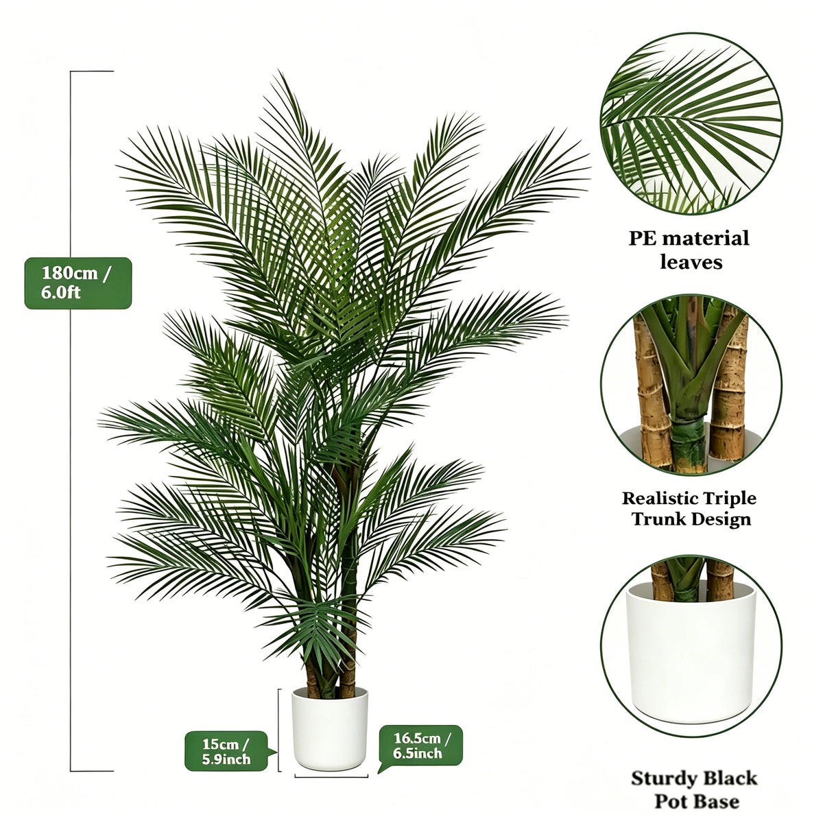 Artificial Palm Tree — 5 to 6 ft, UV-Resistant Fronds, Black or White Pot