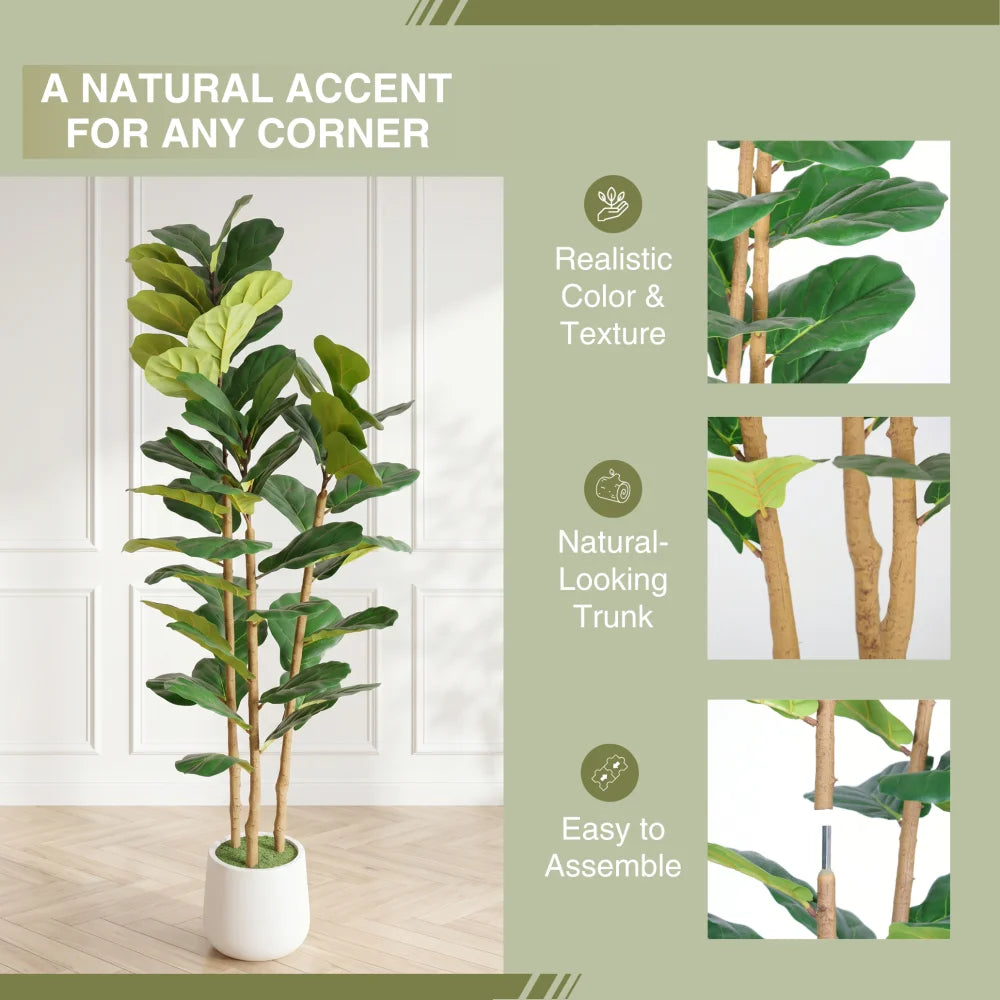 Artificial Fiddle Leaf Fig Tree — 5.2 ft, White Mossed Pot, Single Corner Size