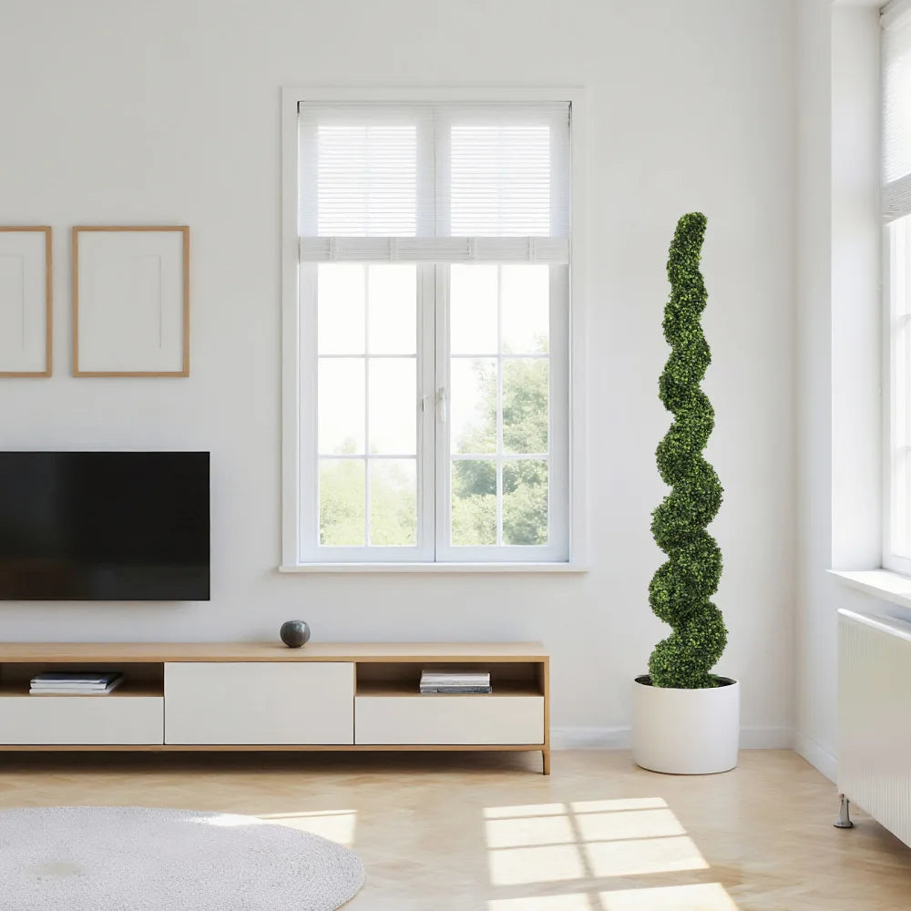 Artificial Spiral Boxwood Topiary — 7 ft, Potted, for Covered Outdoor