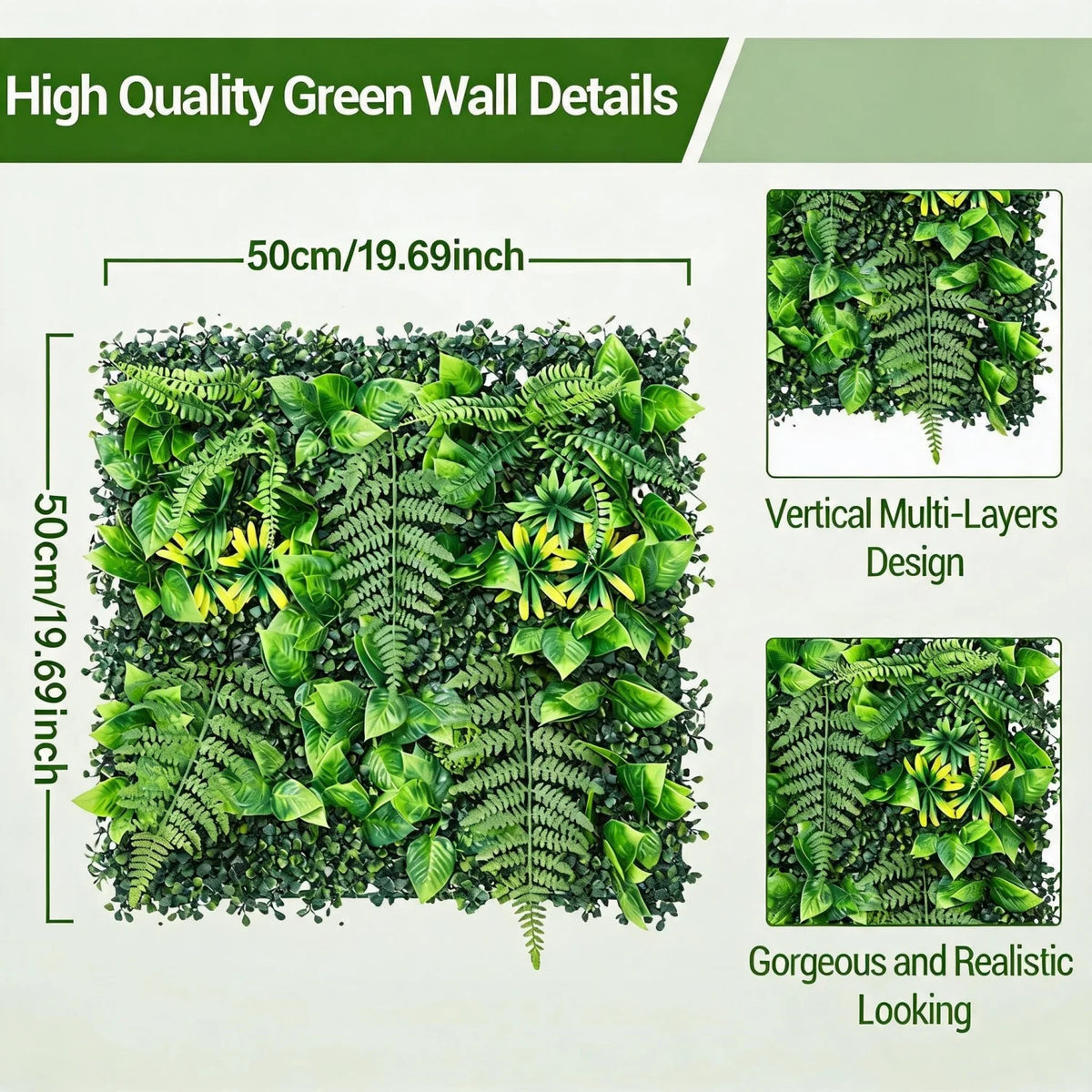 Artificial Green Wall Panels, 50 x 50 cm, Set of 4, 8 or 12, 1 to 3 m² Coverage