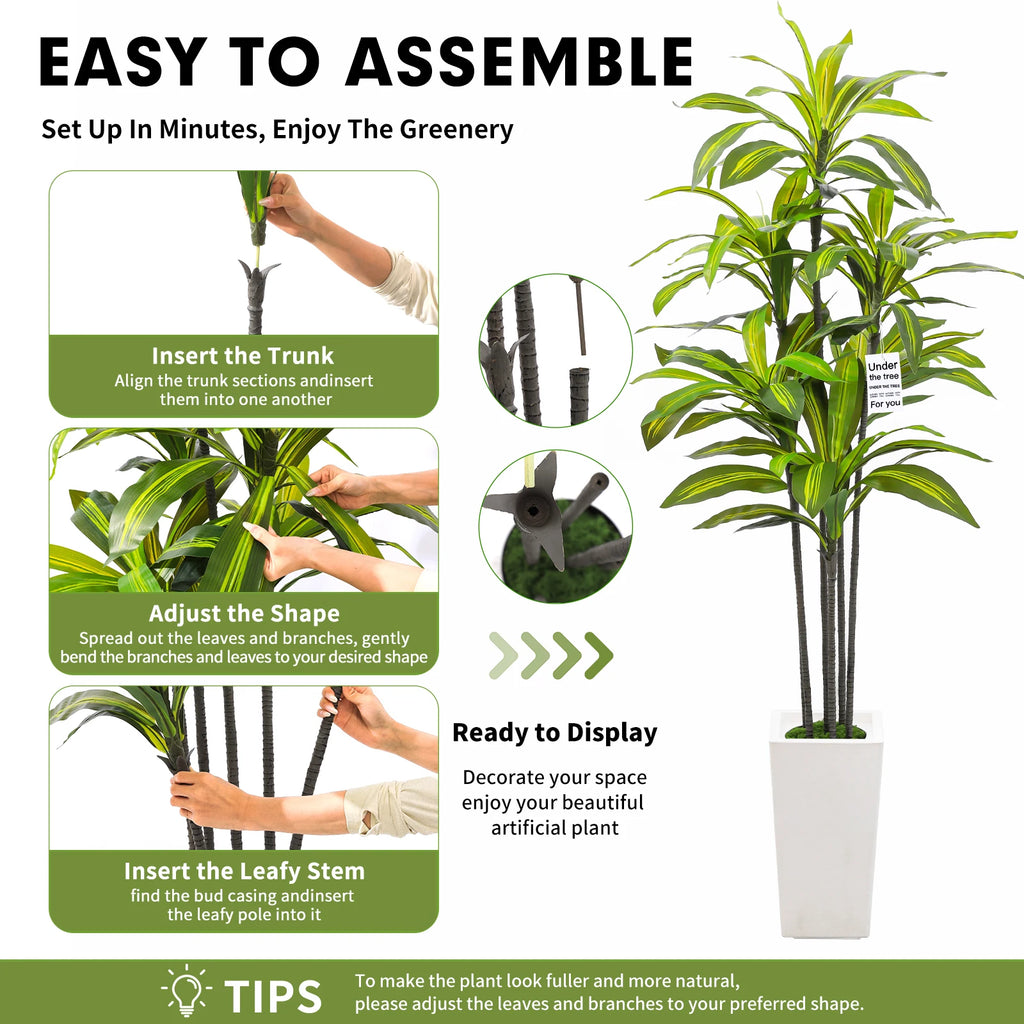 Artificial Dracaena Tree — 5 ft, White Tall Planter with Faux Moss