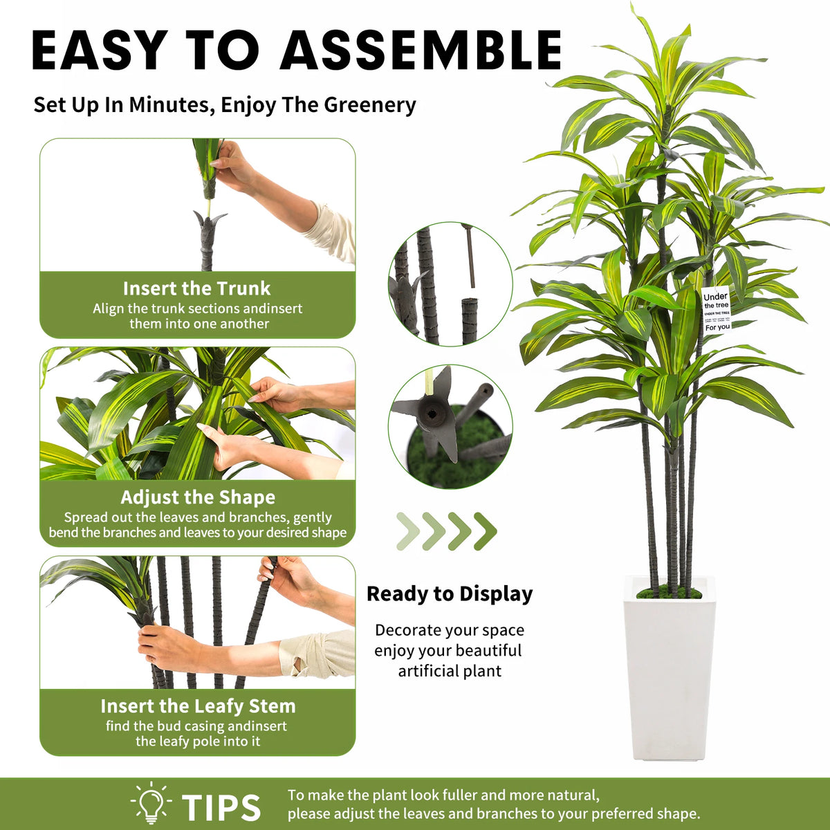 Artificial Dracaena Tree — 5 ft, White Tall Planter with Faux Moss