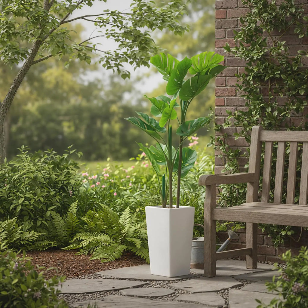 Artificial Monstera Plant — 4.5 ft, Cement-Filled White Planter