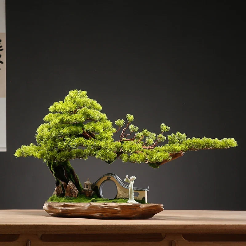 Close-up of a branch pad meeting the sculpted trunk of the Zen bonsai