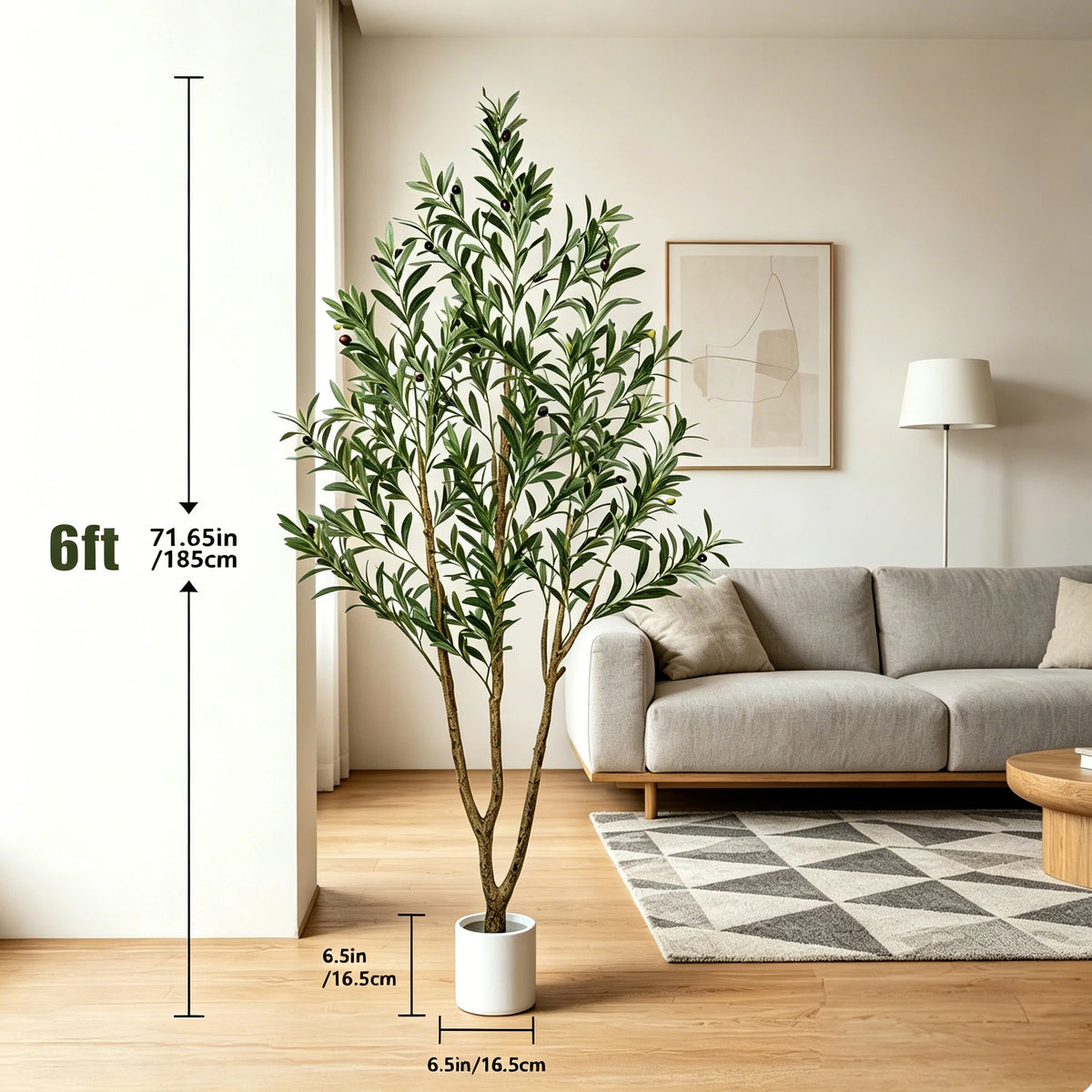 Artificial Olive Tree — 5 to 7 ft, Natural Wood Trunk, Tall Planter