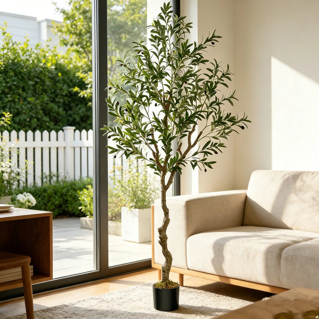 Artificial Olive Tree, 5.25 to 8 ft, Silk Leaves with Fruit, Black Pot