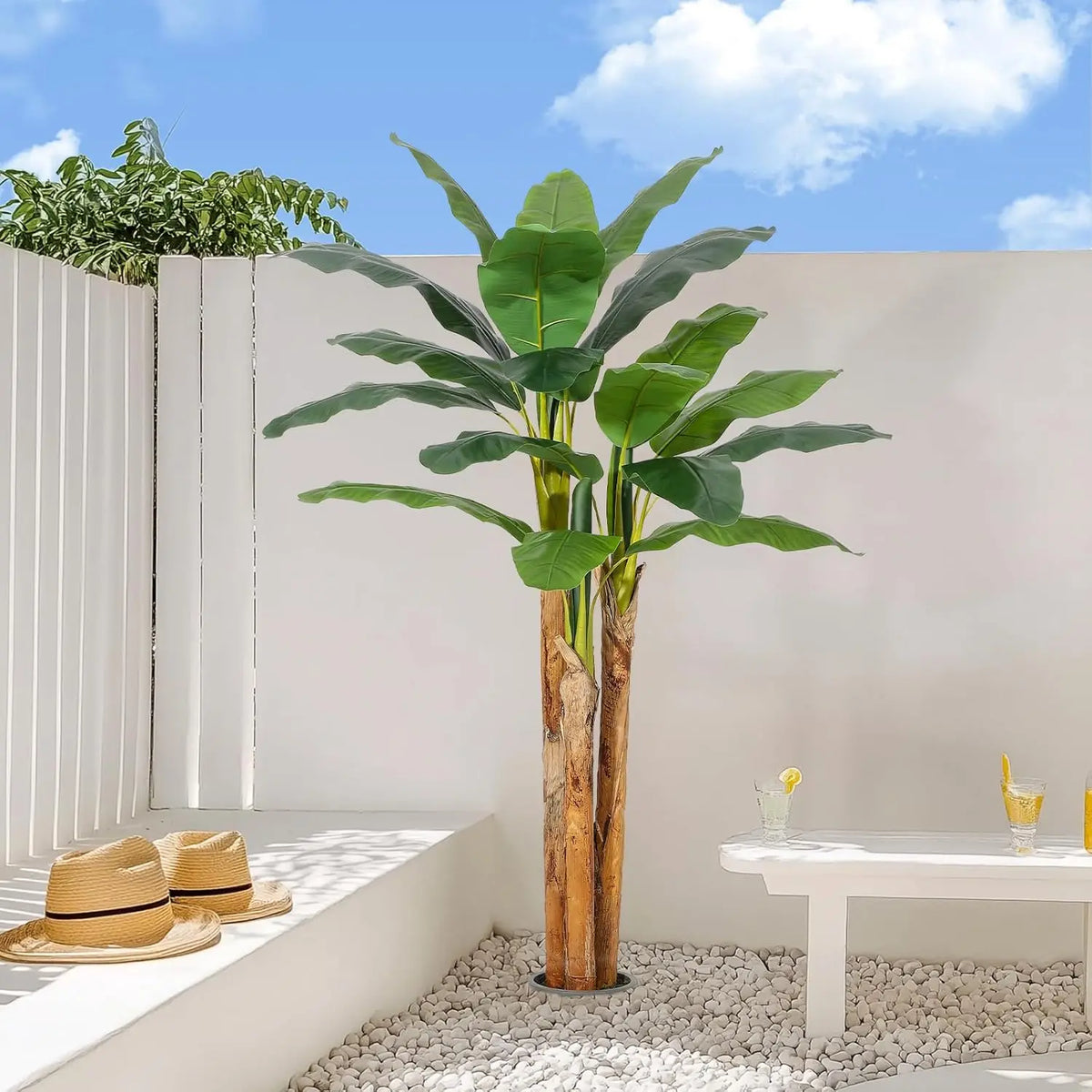 Artificial Banana Tree, 5 to 6 ft, Wire-Shapeable Branches, Grey Planter