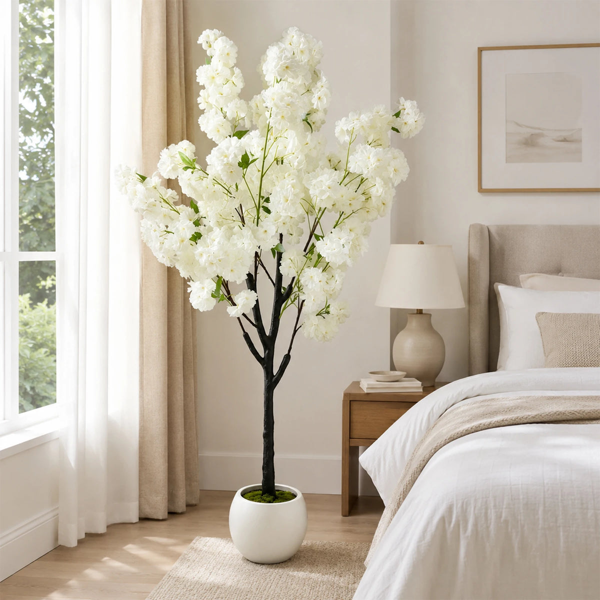 Artificial Cherry Blossom Tree — 5 to 6 ft, Weeping Single-Trunk, White Silk Blossoms