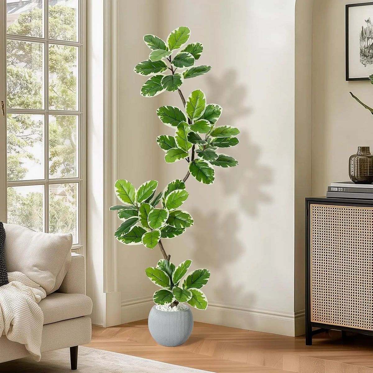 Artificial Fiddle Leaf Fig Tree — 60 to 84 in, Gray Sphere Planter with Moss