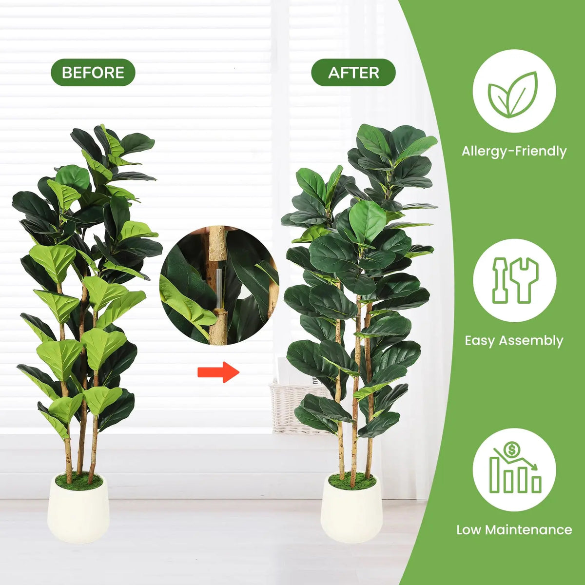 Artificial Fiddle Leaf Fig Tree — 5 to 7 ft, White Planter with Real Wood Trunk