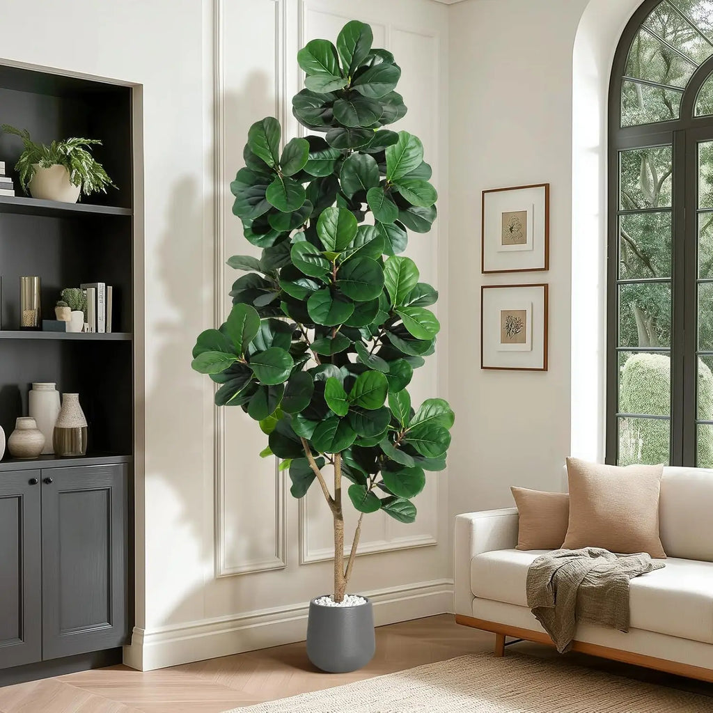 Artificial Fiddle Leaf Fig Tree — 4 to 7 ft, White Planter with Weighted Base