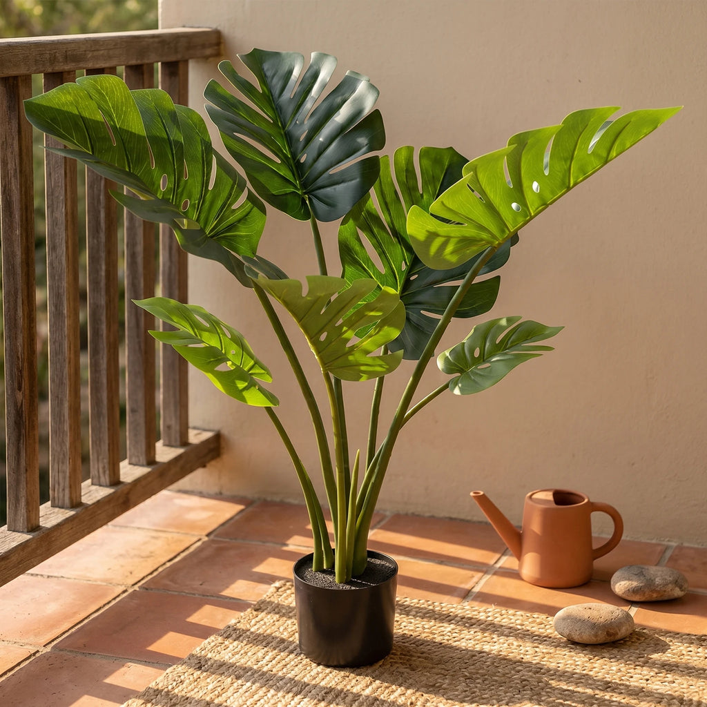 Artificial Monstera Deliciosa — 90 to 120 cm, Black Pot, Single or Pair