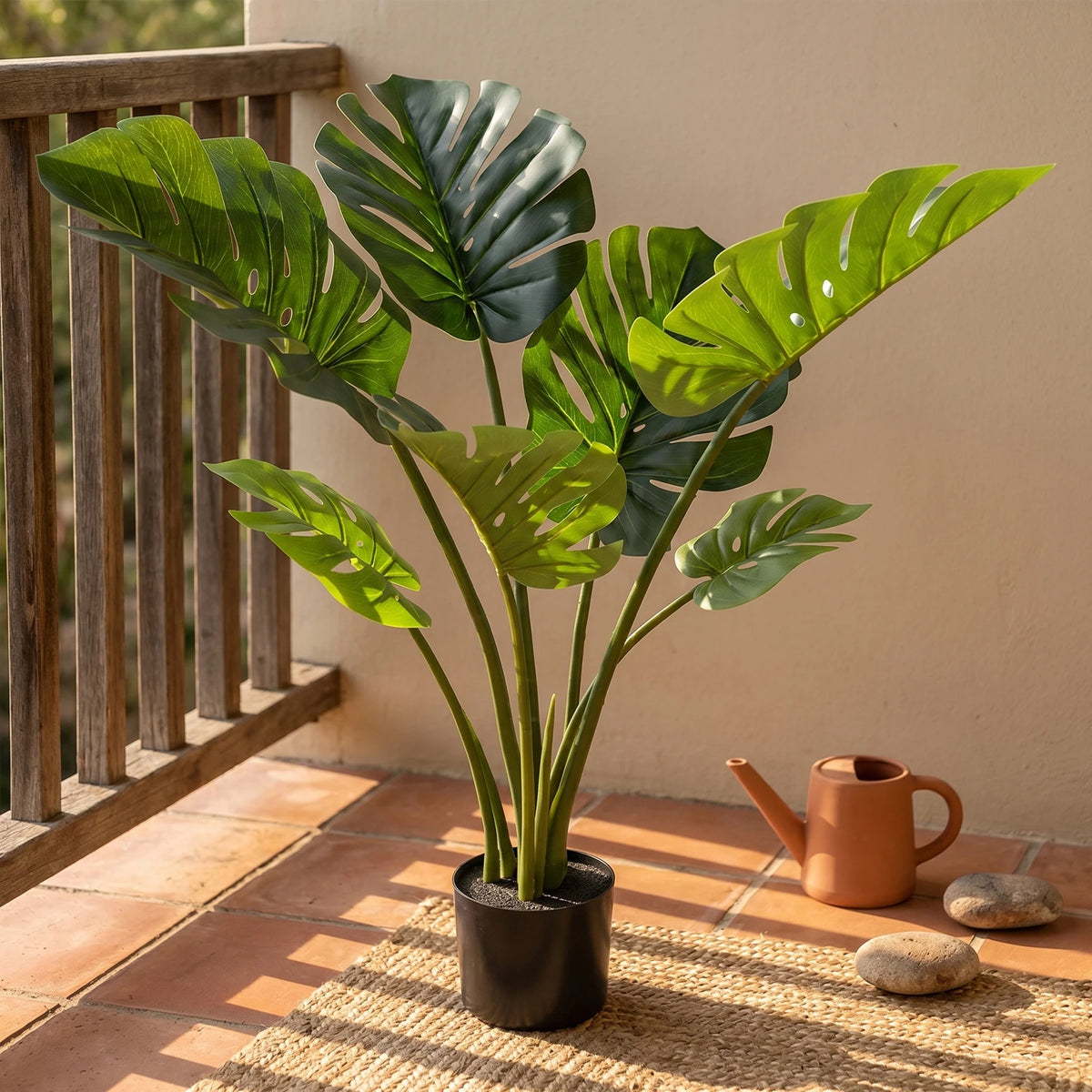 Artificial Monstera Deliciosa — 90 to 120 cm, Black Pot, Single or Pair