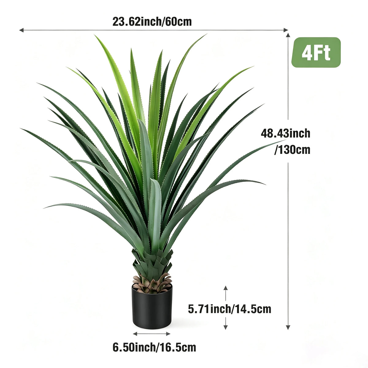 Artificial Agave Plant — 3 to 4 ft, Spiked Leaves in Black Pot