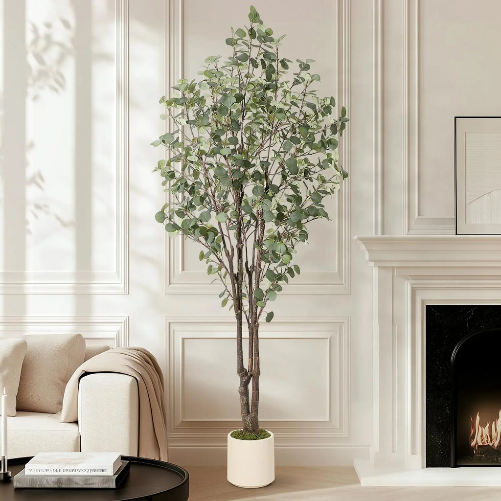 Artificial Eucalyptus Tree — 5 to 7 ft, White Planter with Faux Moss