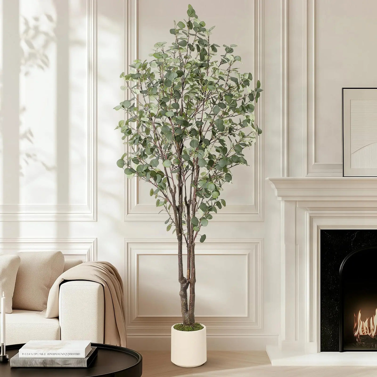 Artificial Eucalyptus Tree — 5 to 7 ft, White Planter with Faux Moss
