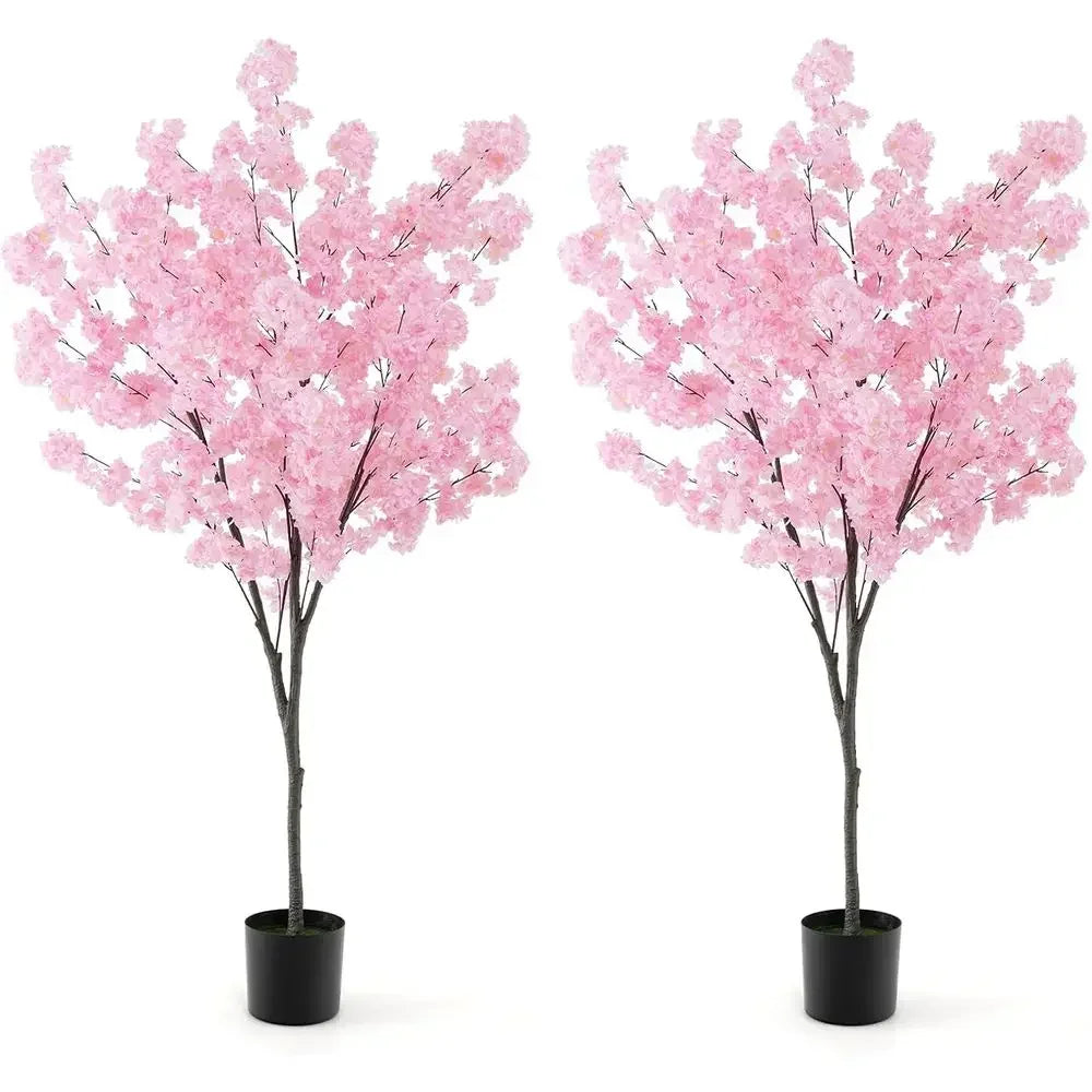 Artificial Cherry Blossom Trees — 6.5 ft, Set of 2 in Cement Pots