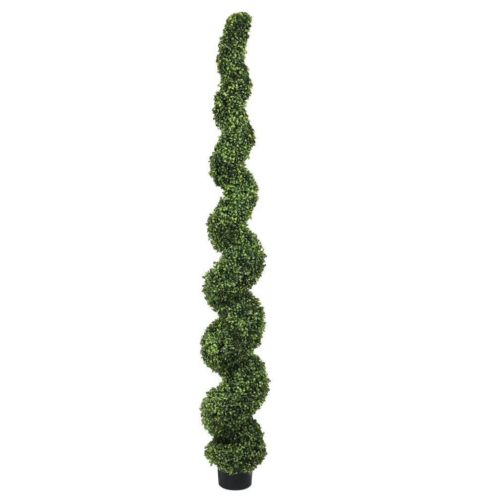 Artificial Spiral Boxwood Topiary — 7 ft, Potted, for Covered Outdoor