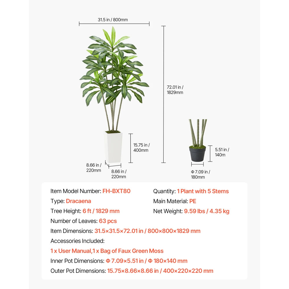 Artificial Dracaena Tree — 6 ft, White Planter with Moss Cover
