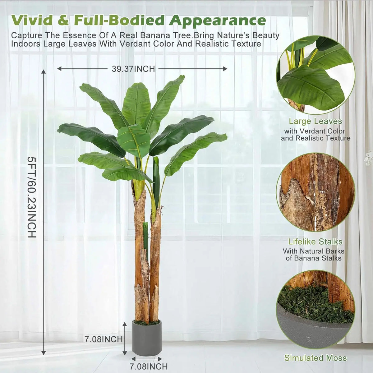 Artificial Banana Tree, 5 to 6 ft, Wire-Shapeable Branches, Grey Planter