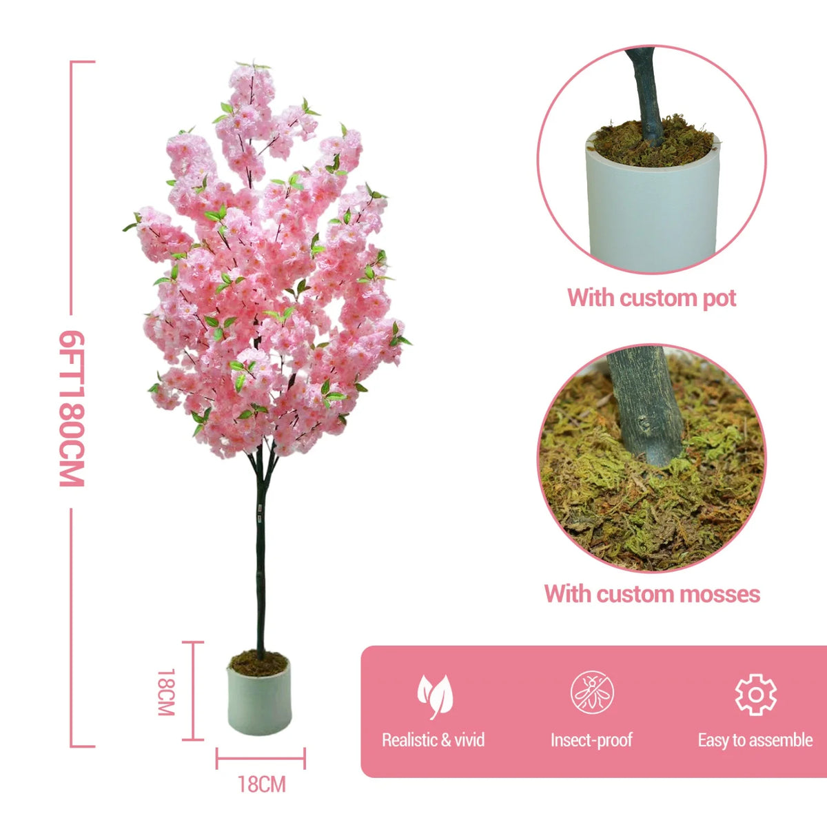 Artificial Cherry Blossom Tree — 5 to 6 ft, PVC Trunk, Single or Double Pole