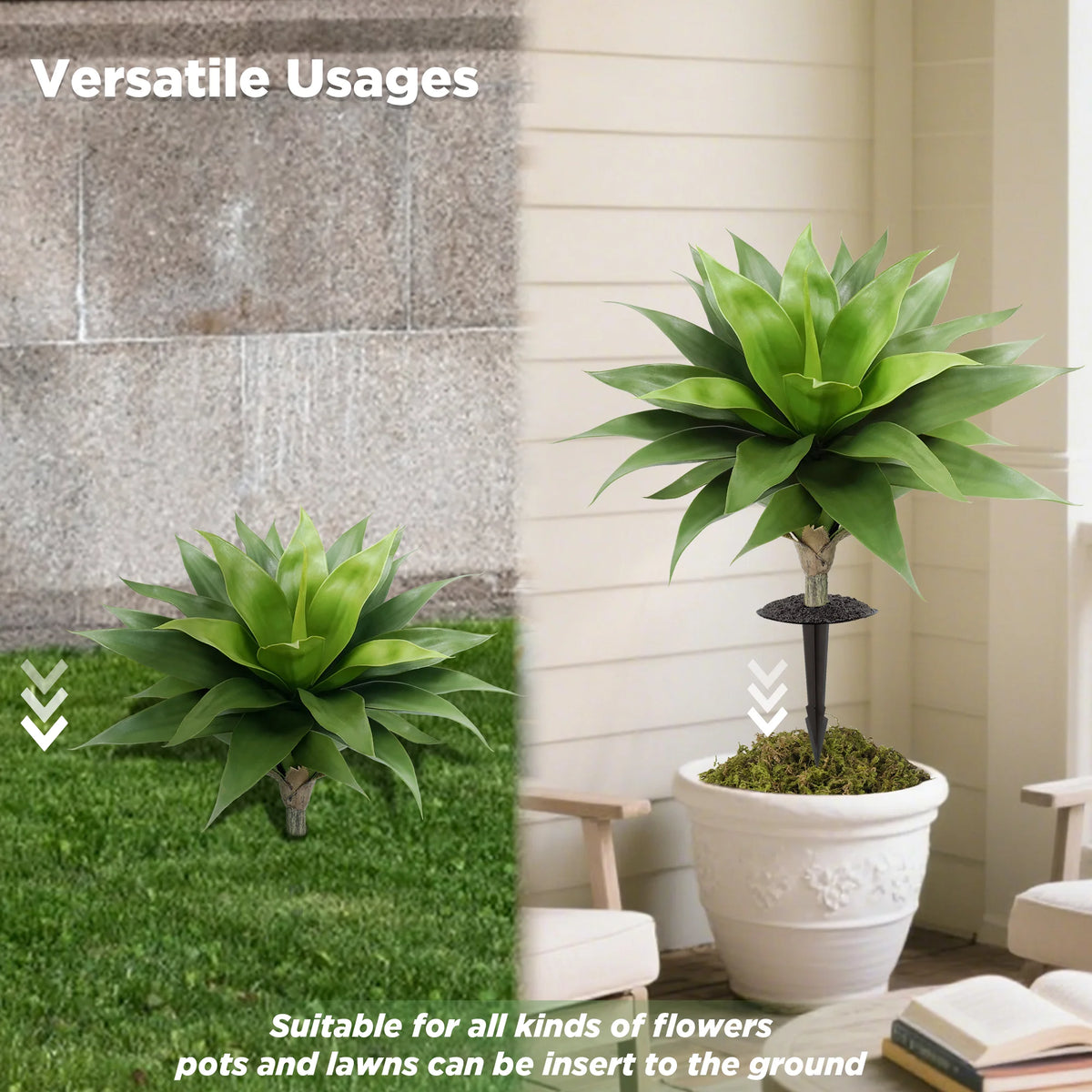 Artificial Agave Plants — 22 in, UV-Resistant, Set of 2 with Stakes