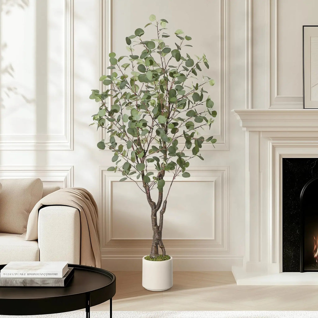 Artificial Eucalyptus Tree — 5 to 7 ft, White Planter with Faux Moss
