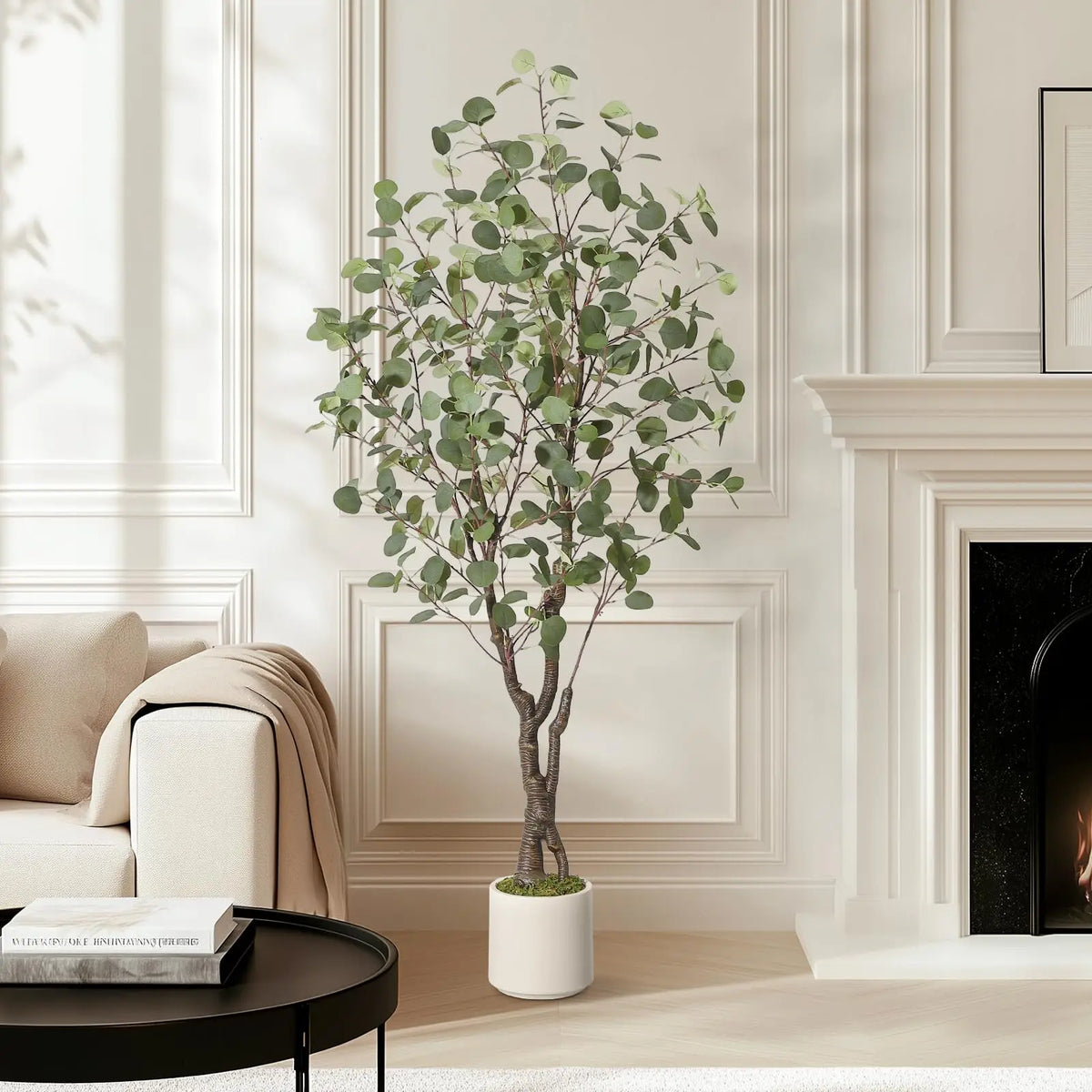 Artificial Eucalyptus Tree — 5 to 7 ft, White Planter with Faux Moss