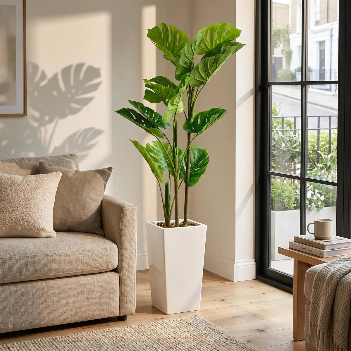 Artificial Monstera Plant — 4.5 ft, Cement-Filled White Planter