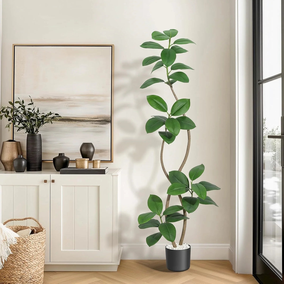 Artificial Fiddle Leaf Fig Tree — 7 ft, Black Resin Planter with Stone