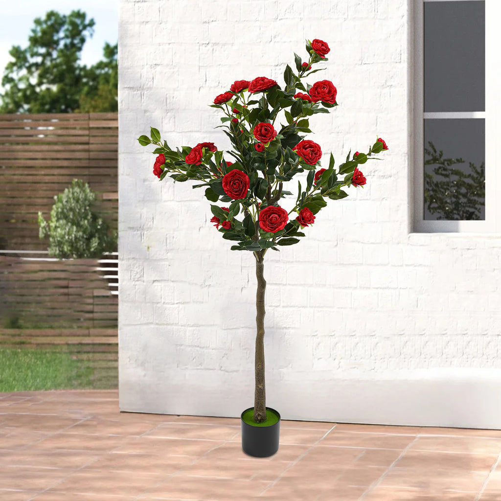 Artificial Camellia Tree — 4.9 ft, Red Blooms, Cement-Filled Pot