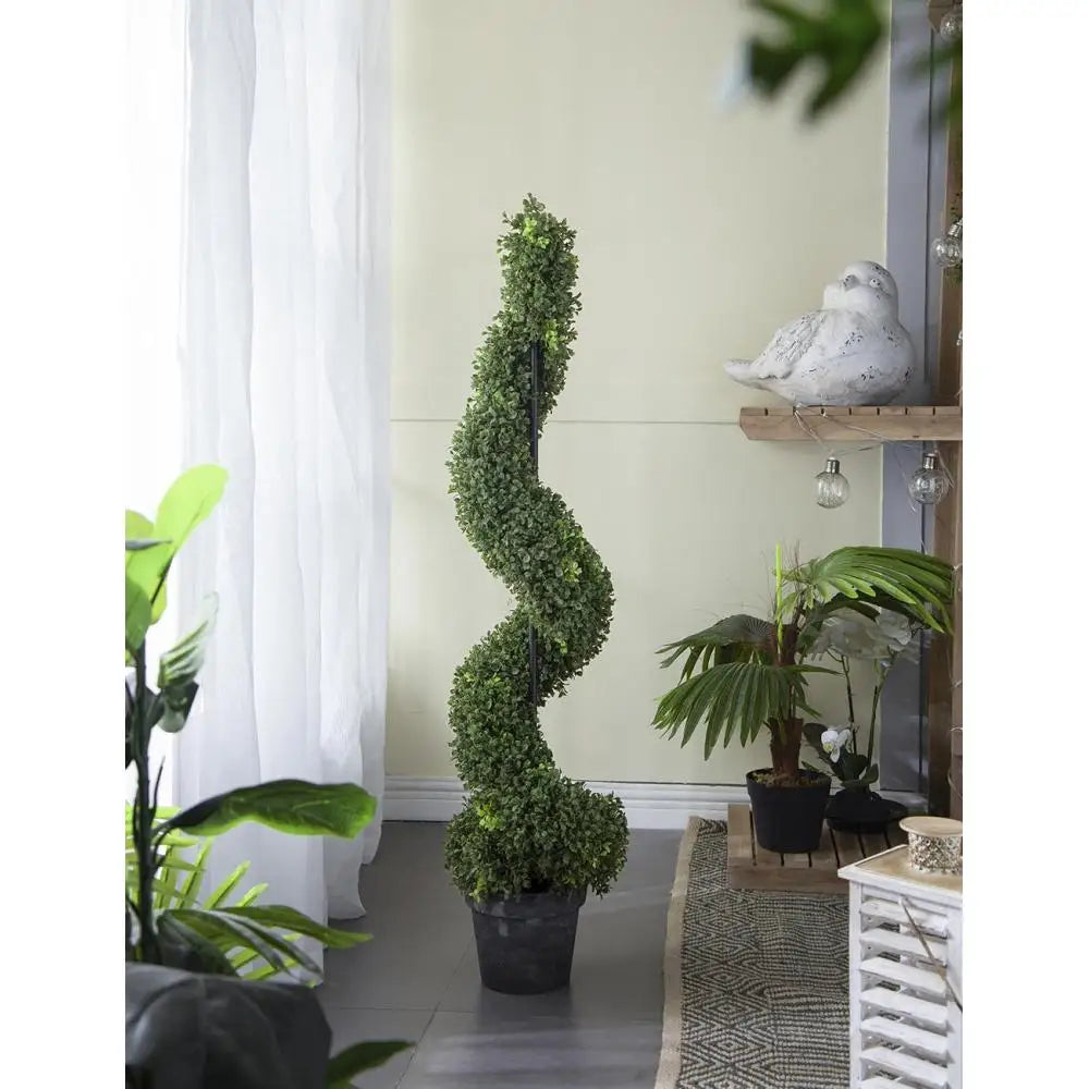 Artificial Boxwood Spiral Topiary — 4 ft, Slender Profile, Grey Pot