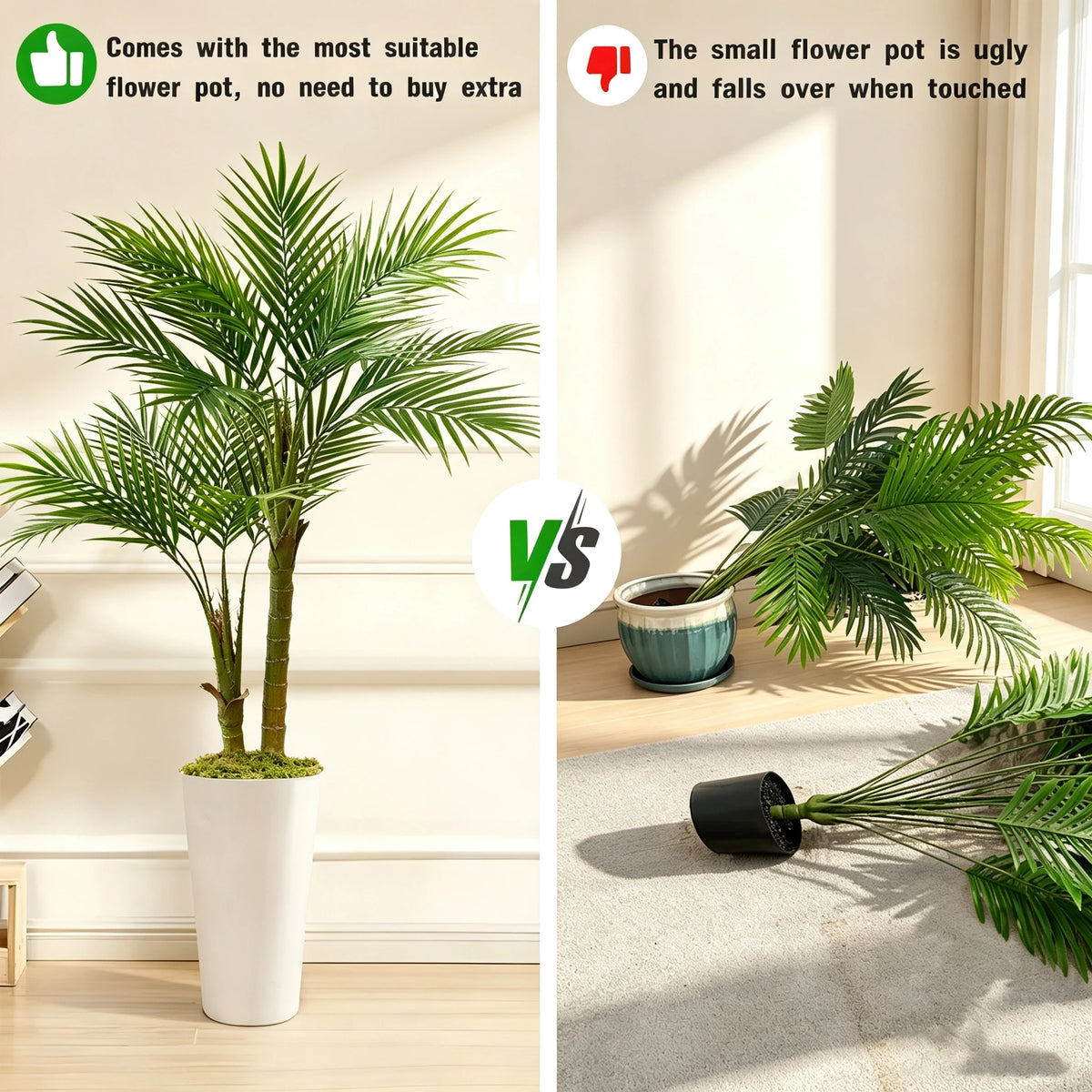 Artificial Areca Palm Tree — 5 ft, Square or Round White Planter