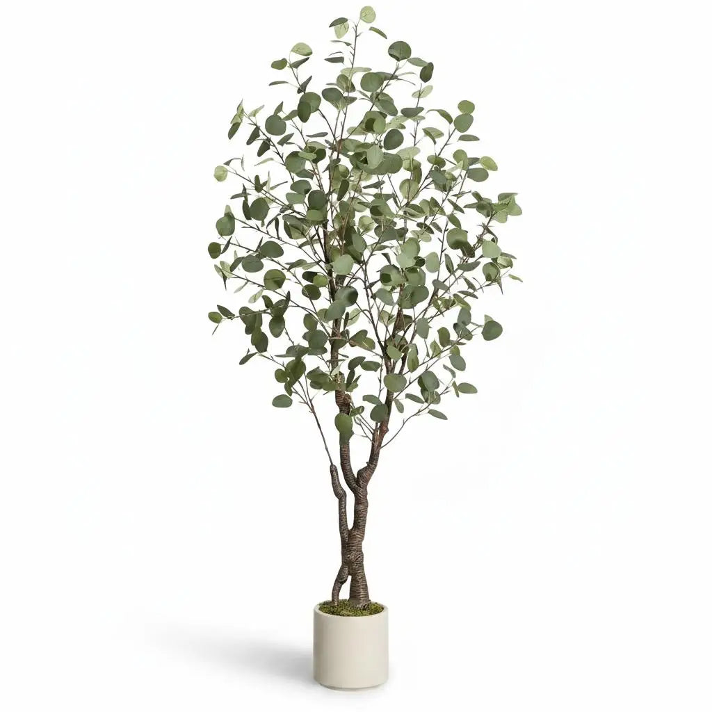Artificial Eucalyptus Tree — 5 to 7 ft, White Planter with Faux Moss