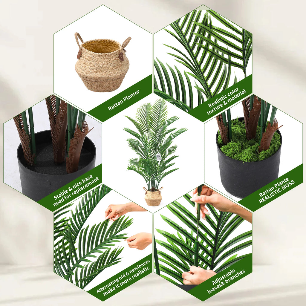 Artificial Palm Tree, 6 ft, Coconut-Coir Base, Black Pot in Hand-Woven Basket