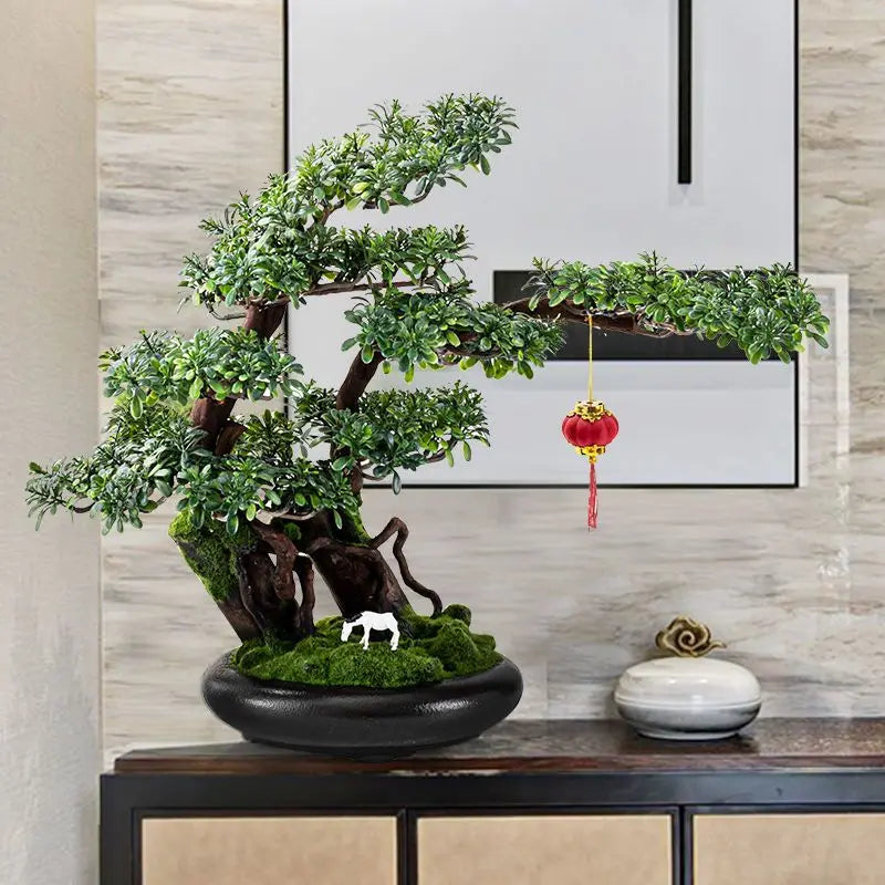 The moss and stone finish across the potting surface of the bonsai