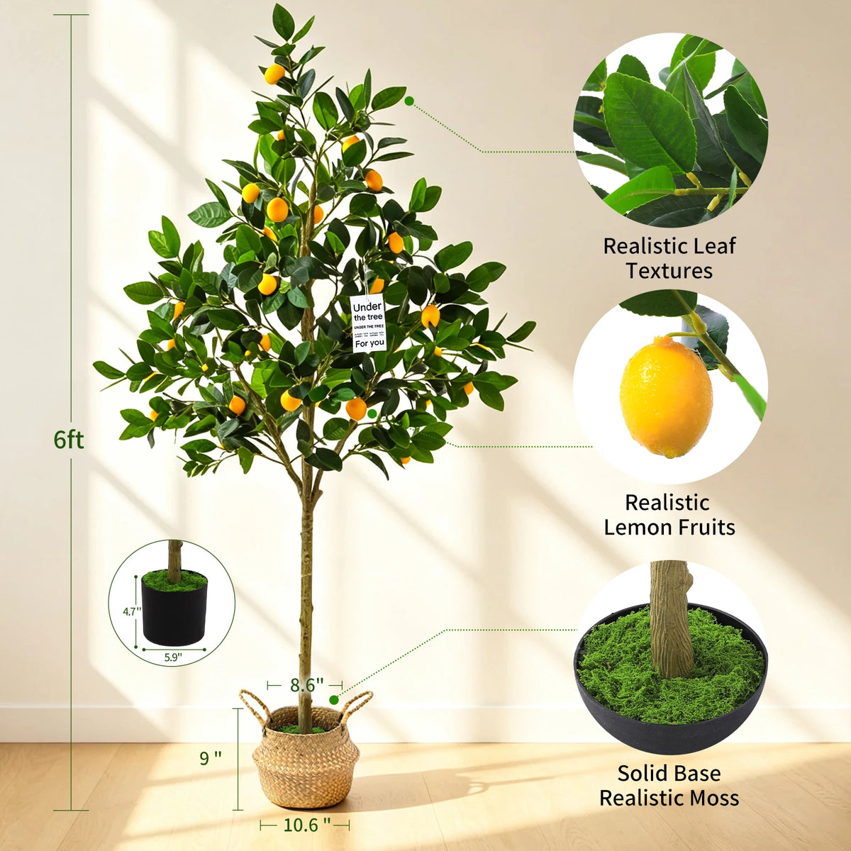 Artificial Lemon Tree — 6 ft, Faux Silk Foliage, Weighted Planter