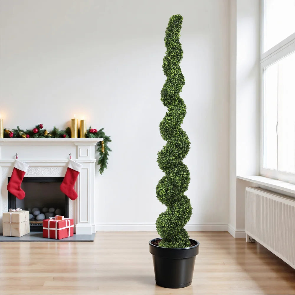 Artificial Spiral Boxwood Topiary — 7 ft, Potted, for Covered Outdoor