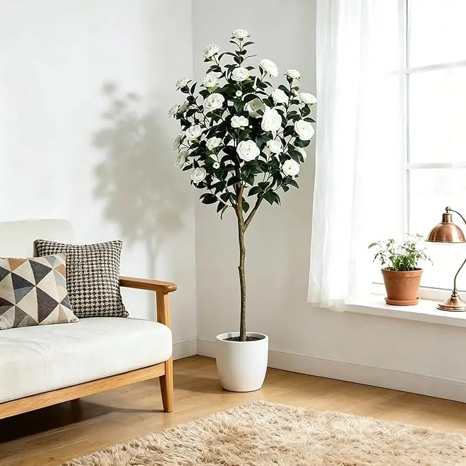 Artificial Camellia Tree — 3 to 5 ft, Silk Flowers in Red or White