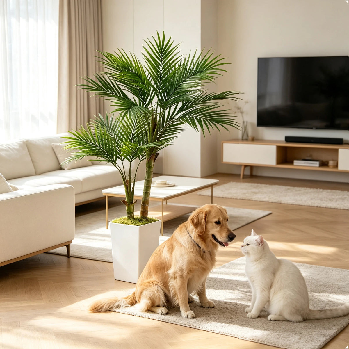Artificial Areca Palm Tree — 5 ft, Square or Round White Planter