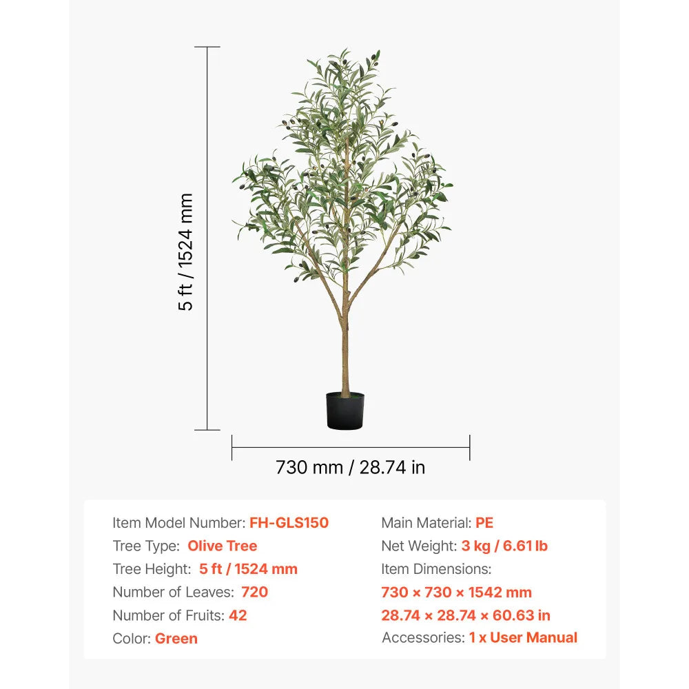 Artificial Olive Tree — 5 ft, Rubber Silk Foliage with Black Pot