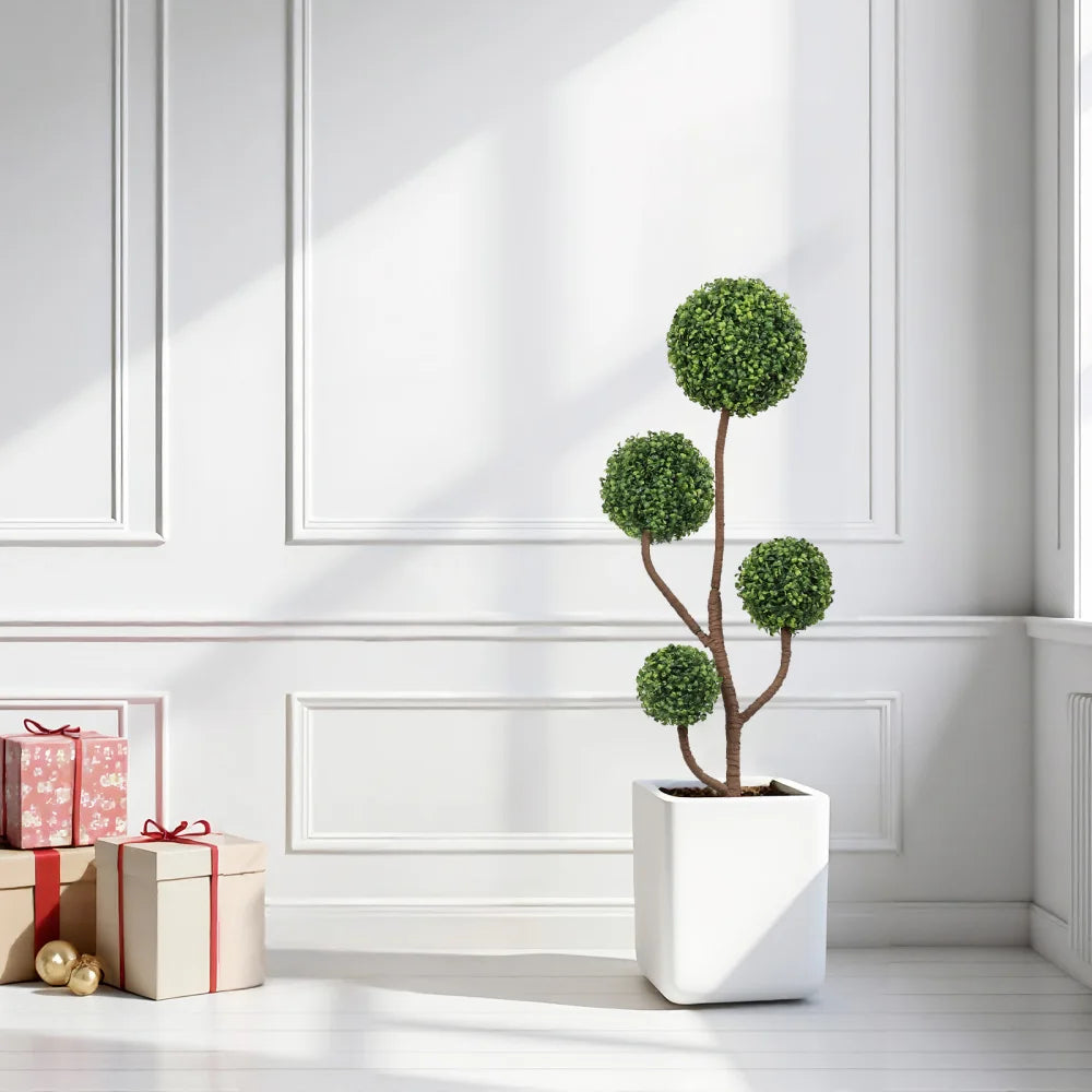 Artificial Boxwood Pom-Pom Topiary — 4 ft, Four-Tier Spheres, Black Planter
