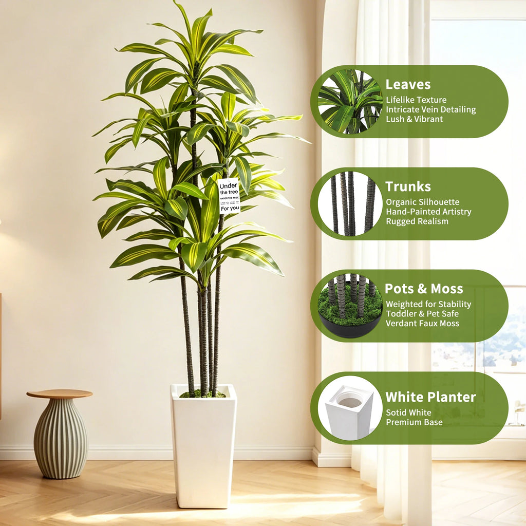 Artificial Dracaena Tree — 5 ft, White Tall Planter with Faux Moss