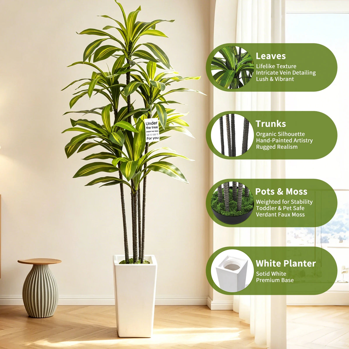 Artificial Dracaena Tree — 5 ft, White Tall Planter with Faux Moss
