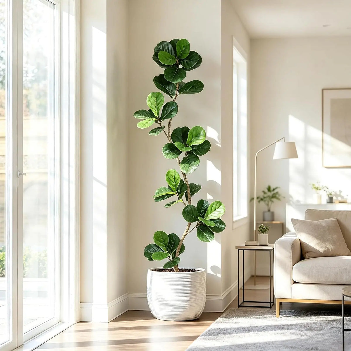 Artificial Fiddle Leaf Fig Tree — 4 to 6 ft, S-Shaped Trunk, Black Pot