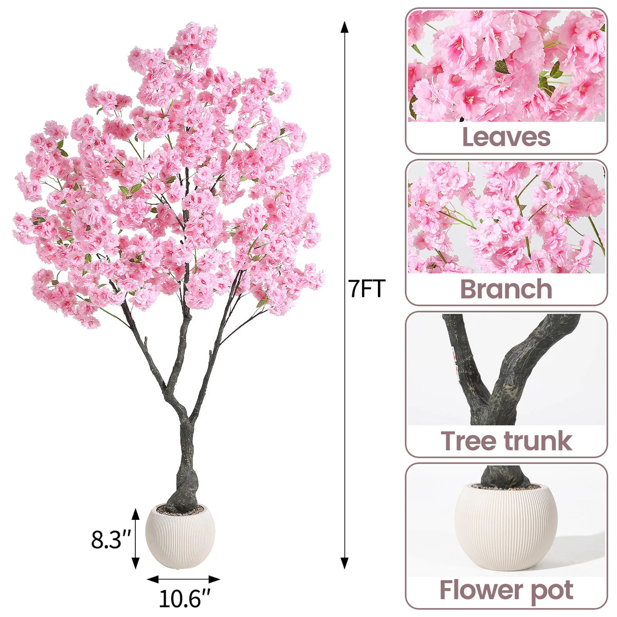 Artificial Cherry Blossom Tree — 5 to 6 ft, Four-Trunk Base in Cement Pot