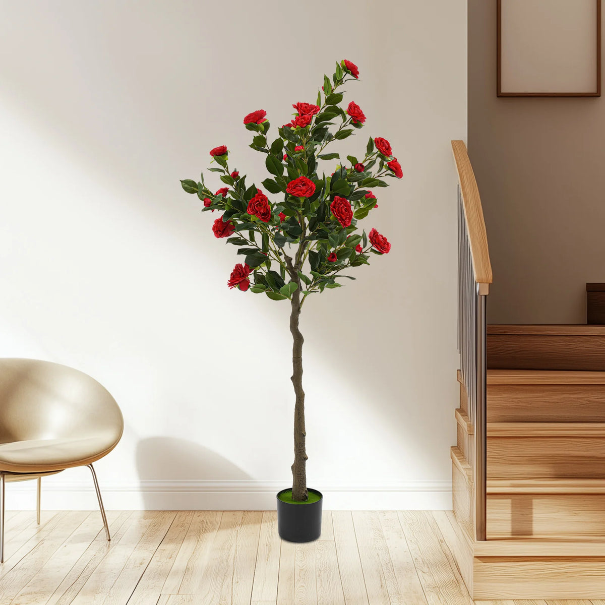 Artificial Camellia Tree — 4.9 ft, Red Blooms, Cement-Filled Pot