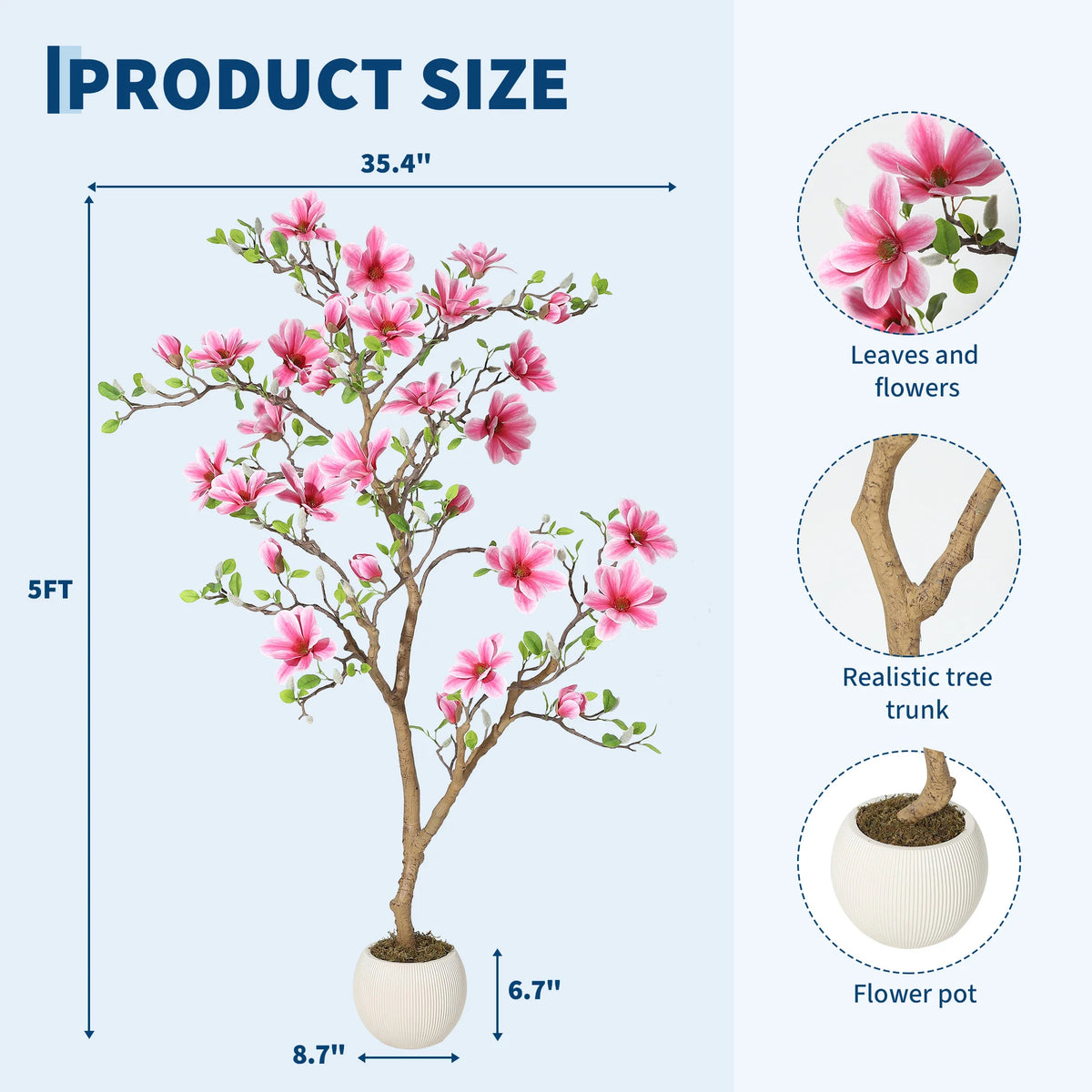 Artificial Pink Magnolia Tree — 4 to 6 ft, Weighted Pot, UV Resistant